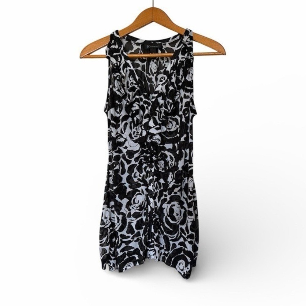 INC International Concepts Blouse Womens XL Black White Rose Mesh Ruffle V-Neck